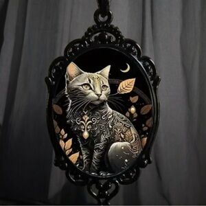 Cat lovers! Vibrant light colored cat Portrait under glass~ leather rope.
